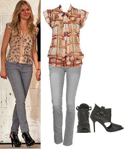 blugi gri si bluza multicolora